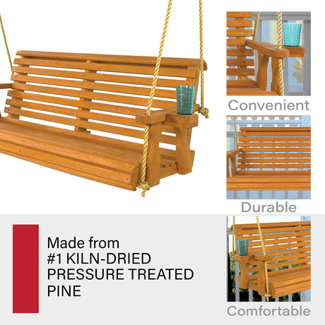 Amish Casual Heavy Duty 800 Lb Roll Back Treated Porch Swing with Hanging Ropes and Cupholders (4 Foot, Cedar Stain) Amish Casual