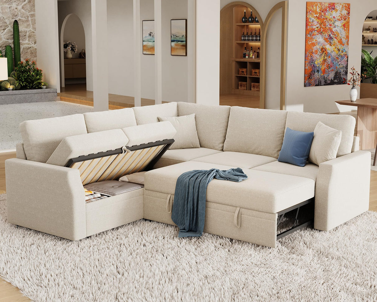Jocisland Sofa Bed, 85 Inch Sleeper Sofa with Pull Out Bed & Storage Seat, Reversible L Shape Sectional Couch for Living Room Apartment, Beige Linen Oversized Sofa Jocisland