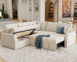 Jocisland Sofa Bed, 85 Inch Sleeper Sofa with Pull Out Bed & Storage Seat, Reversible L Shape Sectional Couch for Living Room Apartment, Beige Linen Oversized Sofa Jocisland