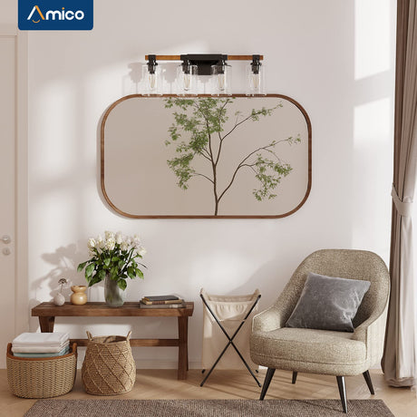 Amico Farmhouse Bathroom Vanity Light Fixtures,Rustic 4-Light Industrial Painted Wood Vanity Lights for Bathroom,Vintage Black Wall Sconces Bathroom Vanity Lighting with Bubble Glass Shade Amico