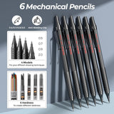 Nicpro 58PCS Art Drawing Supplies Kit in Leather Case, MP1000 Black Metal Mechanical Pencil Set with Drafting Pencil 0.5, 0.7, 0.9 & 2mm, 12 Micron Pen, Sketch Book, 30 Tube Lead Refills for Sketching Nicpro
