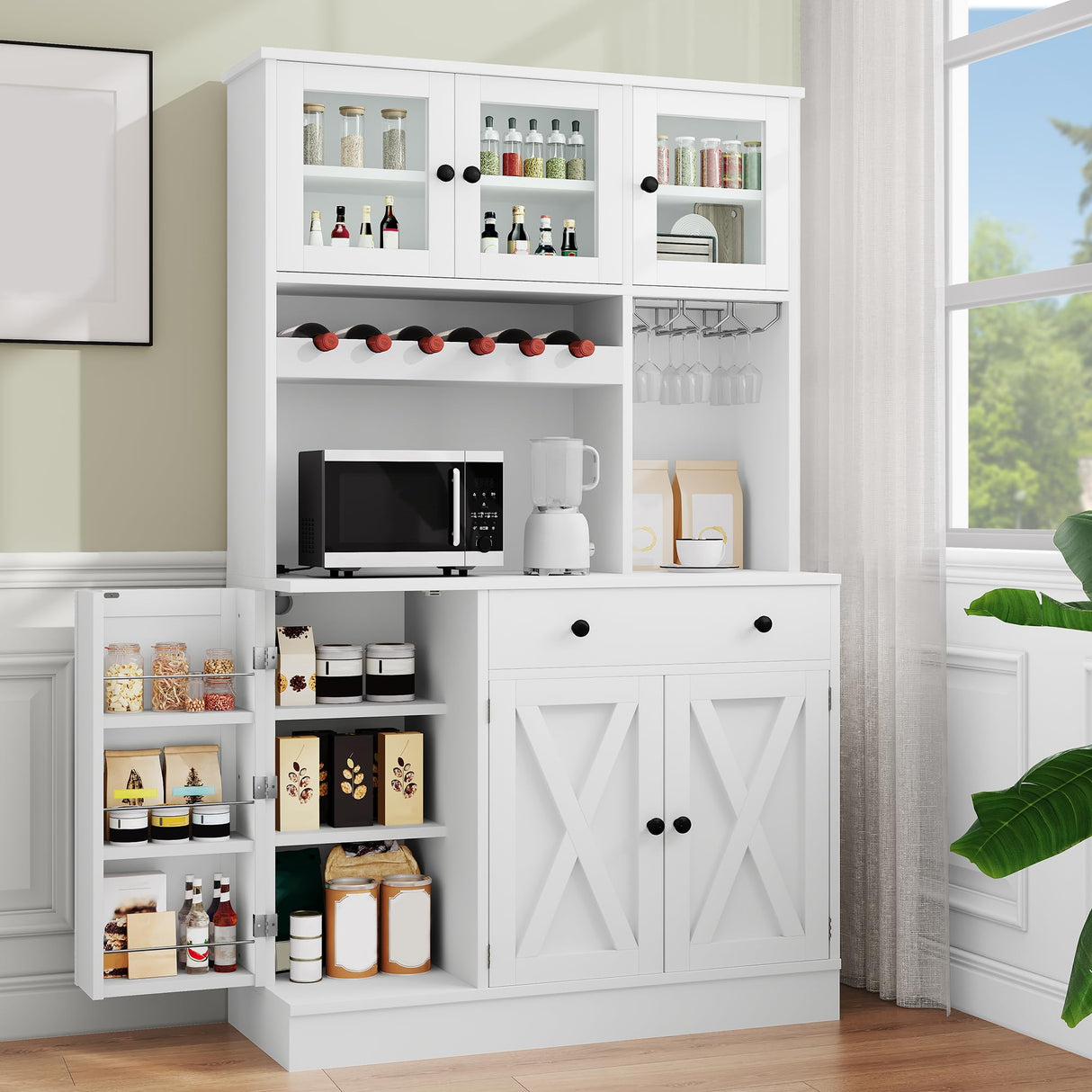 YITAHOME 71''H Kitchen Pantry Cabinet, Tall Cabinet with Drawer, Doors, Goblet Holder, Wine Rack & Power Outlet for Kitchen, Living Room (White) YITAHOME
