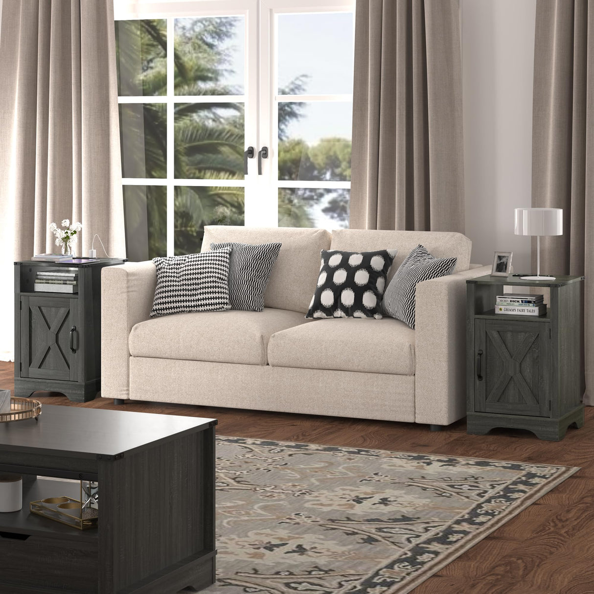 RoyalCraft Nightstand Set of 2 with Charging Station, Tall Farmhouse Bedside Table with Large Storage and Shelf, Wooden End Table with for Bedroom, Living Room(Dark Grey) RoyalCraft