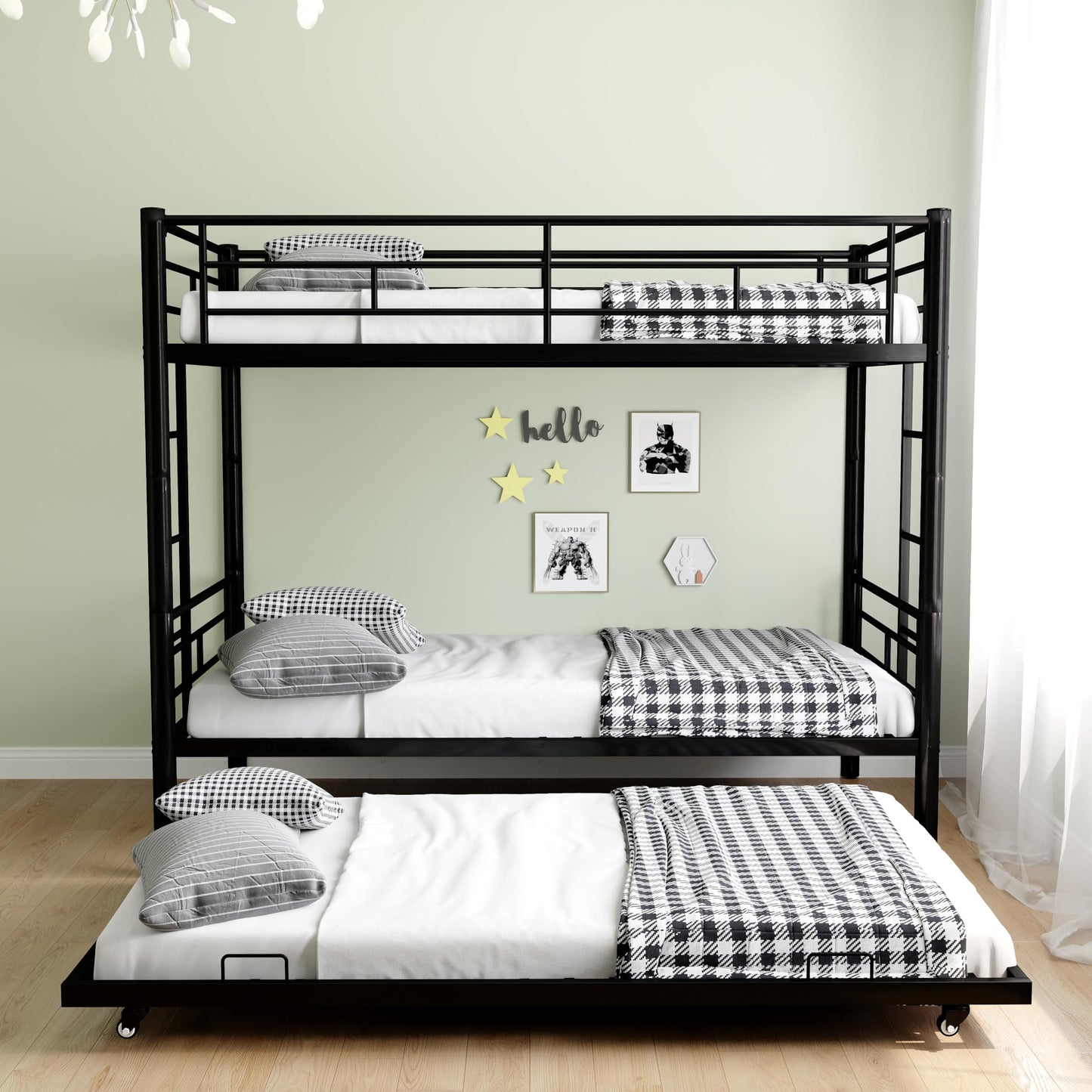 UDPARSCO Bunk Bed with Trundle, Heavy-Duty Twin Bed Frame 77“Lx40.3 Wx61.4 H, Trundle in 72.4" Lx39 W, Triple Bunk Bed for Kids, Teens and Adults (Black, Bunk with Trundle)