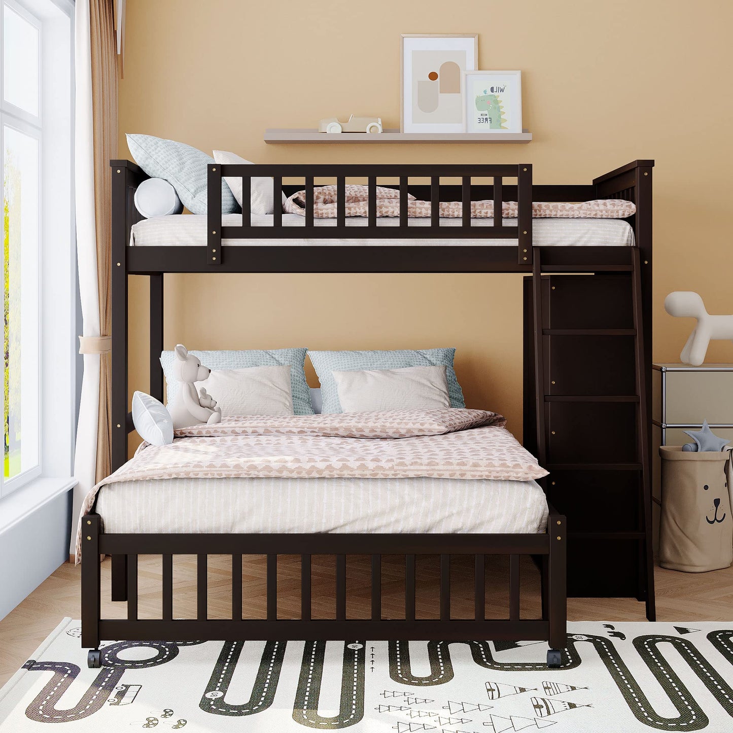 Harper & Bright Designs Twin Over Full Bunk Bed with Storage and Removable Lower Bed in Espresso - WoodArtSupply