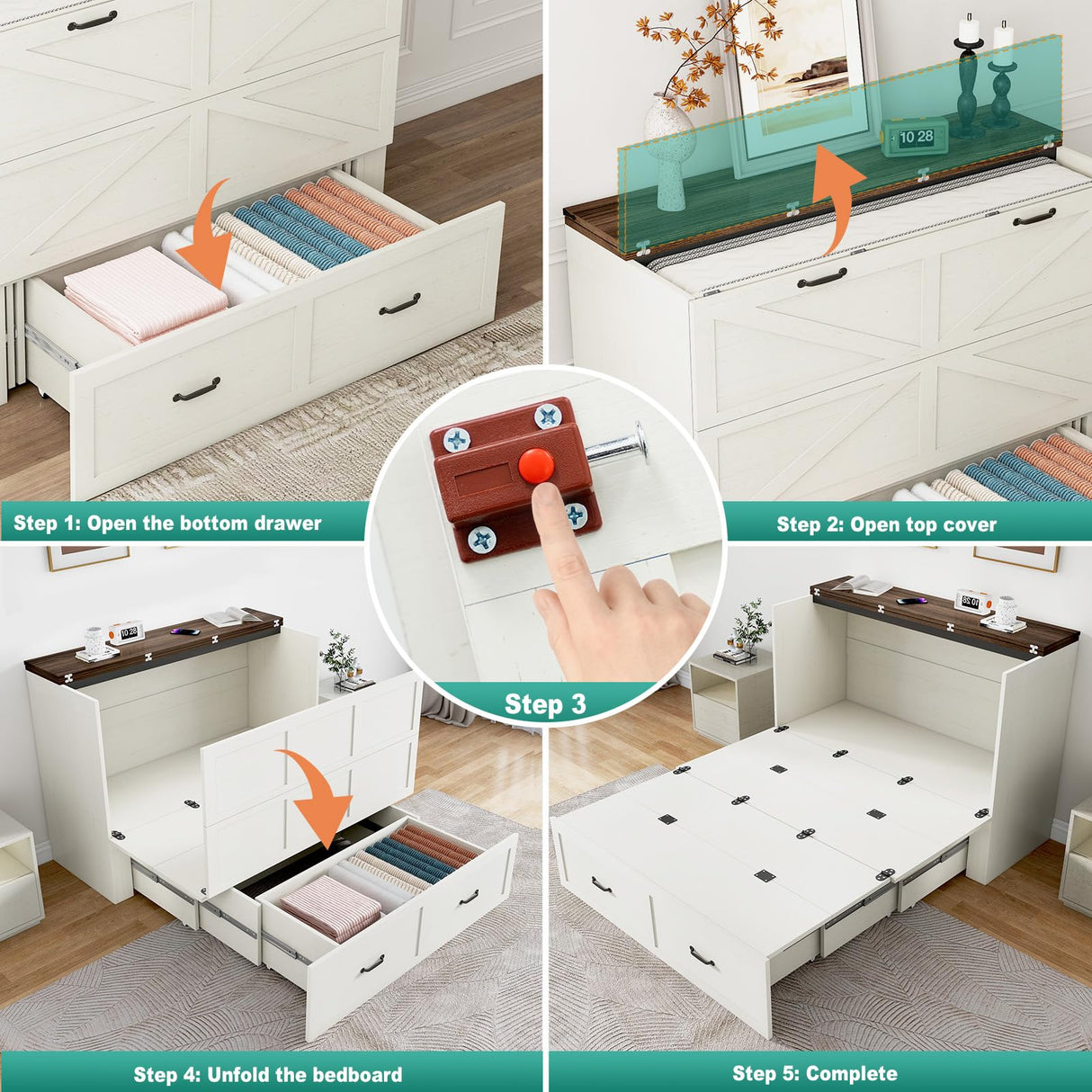 Hlivelood Full Size Murphy Chest Bed with Drawer and Charging Station, Farmhouse Wood Space-Saving Hidden Folding Beds Chest, Multifunctional Storage Cabinet Bed for Bedroom, Office, Rustic White Hlivelood