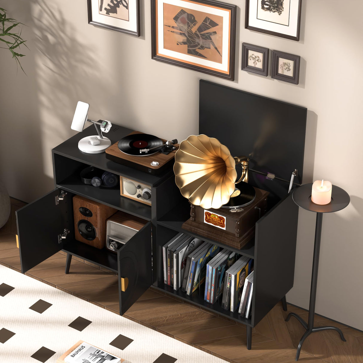 Fiogmub Large Record Player Stand, Mid Century Turntable Stand with Door, Record Player Table Holds Up to 350 Albums,Vinyl Display Shelf for Bedroom Living Room Fiogmub