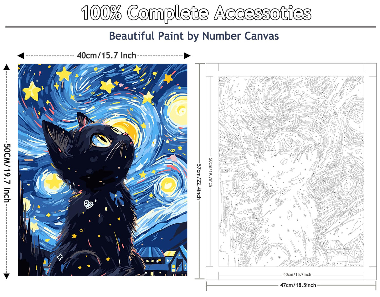 Yunnuo Paint by Numbers for Adults Black Cat, Paint by Numbers Kit on Canvas for Beginners, Starry Night Number Painting Set Craft Supplies, 3 Paintbrushes and Acrylic Paint 16x20 Inch Yunnuo