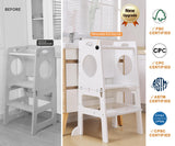 Foldable 4-in-1 Study Tower with Chalkboard for Learning, Montessori Kitchen Step Stool Toddlers Folding Stool for Kids 1-6years Ideal Helper (White) FANABAS