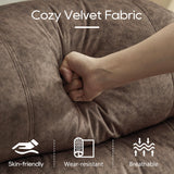 DRMBOOK RV Loveseat Recliner Sofa with Console, Velvet Fabric Double Wall Hugger Reclining Couch Manual Home Movie Seating 2 Person Recliner Chair with Cup Holders/Storage/Pocket/Lumbar Pillow, Brown DRMBOOK