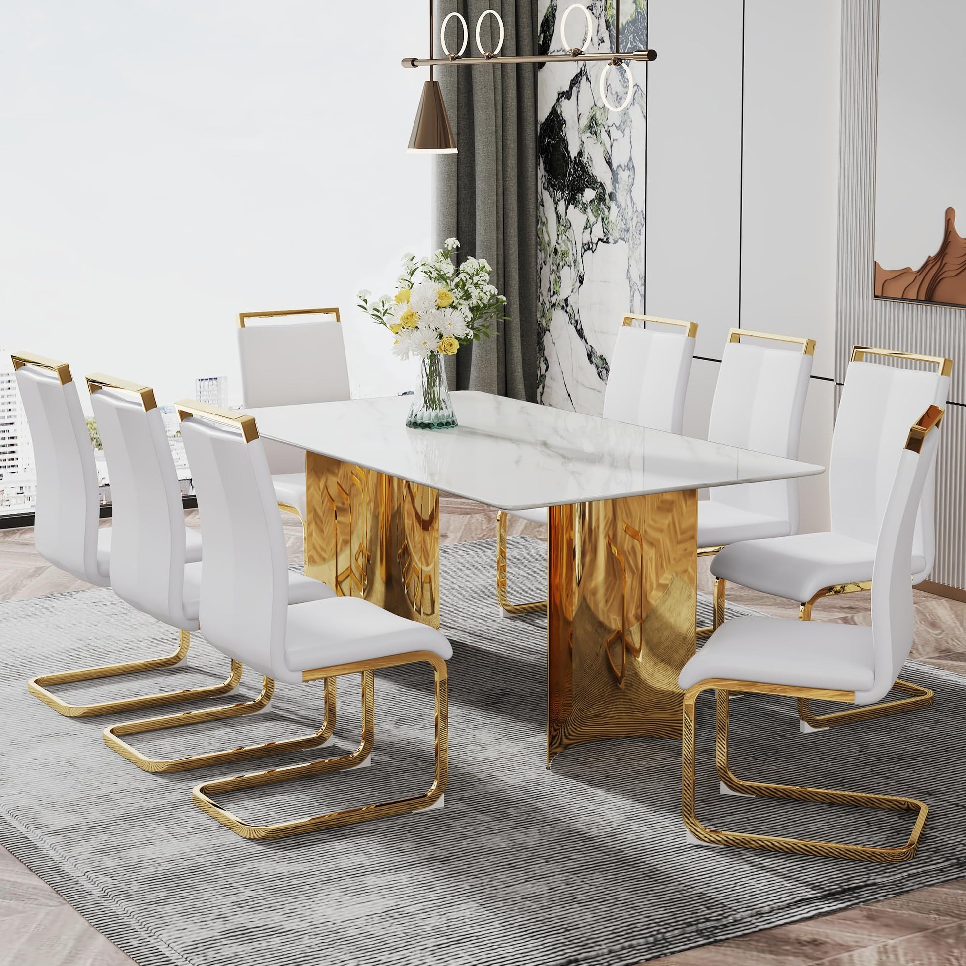 Modern Dining Table for 8,White Marble Kitchen Table with Golden Stainless Steel Base,71'' Gold Dining Table Ideal for Kitchen Dining Room - WoodArtSupply