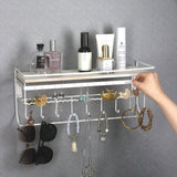 JackCubeDesign Hanging Jewelry Organizer with 9 Hooks, Wall Mount Necklace Earring Bracelet Sunglass Holder with Wood Shelf (White Metal) - MK237D J JACKCUBE DESIGN