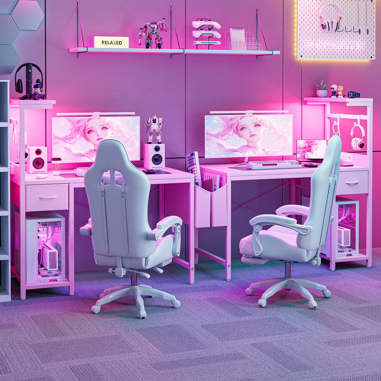 Grandder Gaming Desk 40 Inch with Power Outlet and LED Light, Computer Desk with Reversible Shelves and Storage Drawer, Pc Small Desk for Home Office Table with Bag, Carbon Fiber Pink Grandder