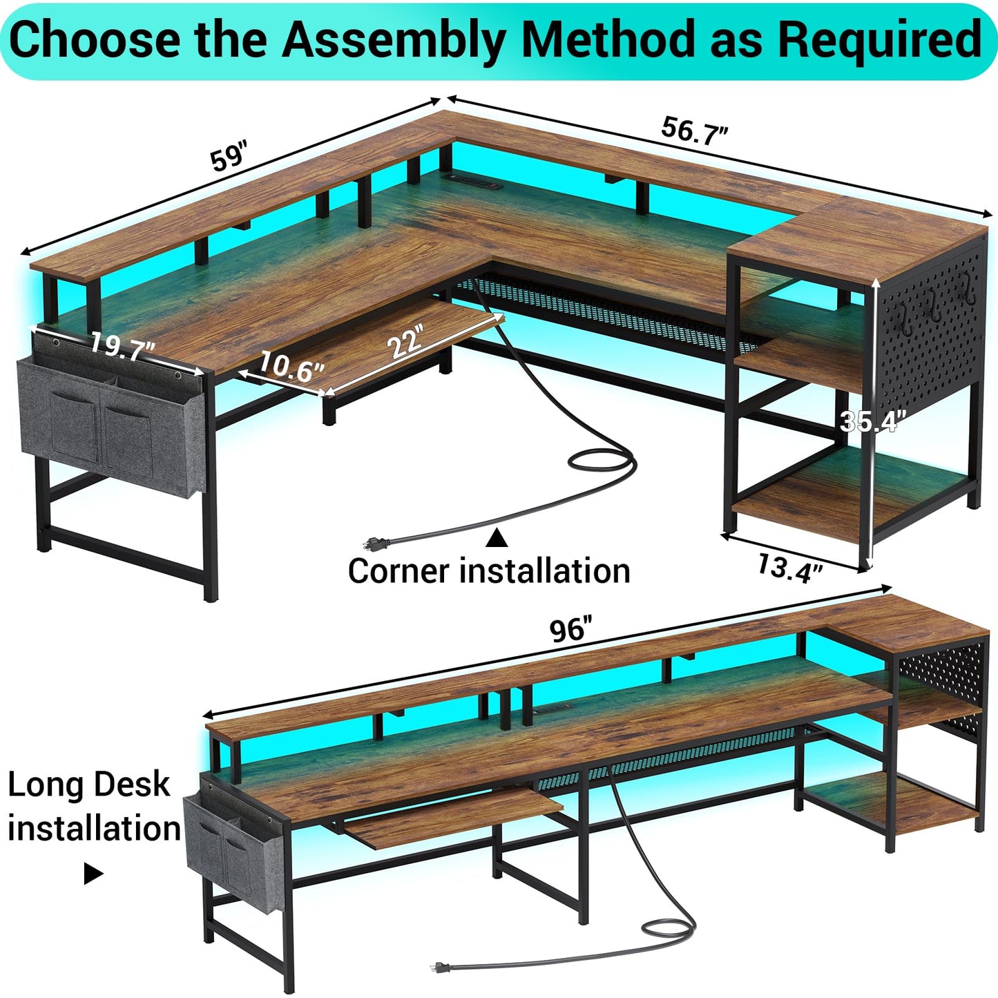 SEDETA Reversible L Shaped Computer Desk with Power Outlets, LED Strip, and Ample Storage in Rustic Brown - WoodArtSupply