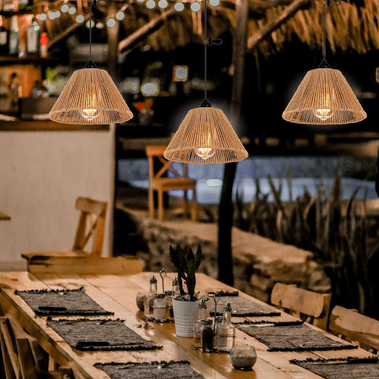 Battery Operated Pendant Light Outdoor Chandelier for Gazebo Hanging Lamp with LED Bulbs Rattan Shade Lantern for Porch Patio Backyard Bedroom Kitchen Decor Powered by 4*AA Batteries EcoGehen