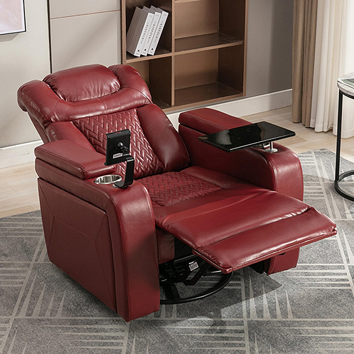 NCKMYB Mid-Century Modern Rocking Power Recliner Chair Swivel PU Leather Chair for Living Room – Cup Holder, Phone Holder, USB Port, Hidden Storage – Red NCKMYB