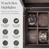 TAWBURY 6 Slot Wood Watch Box - Unisex Wooden Watch Box Crafted from Exquisite Kassod Wood | Compact Design, Fully Lined Interior, Soft-Close Metal Hinges, Push-Latch Locking System TAWBURY