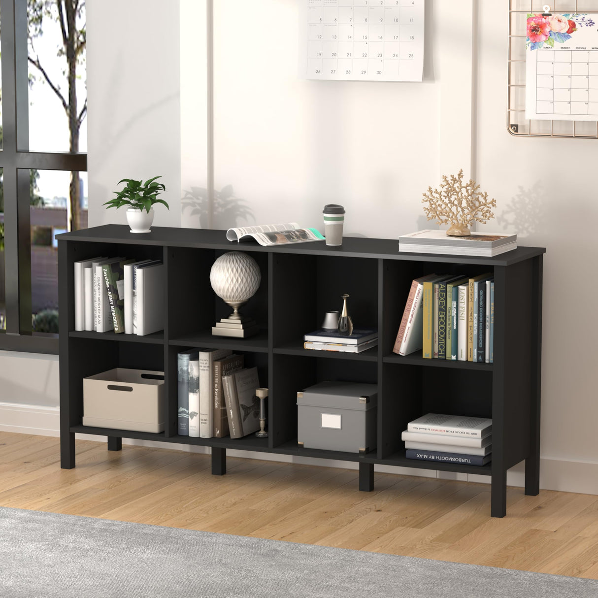 NewBeth 8-Cube Bookcase, Farmhouse Wooden Bookshelf Low Storage Organizer, 59" Horizontal Black Console with Legs, Hallway Book Case for Entryway, Display Cabinet for Living Room (Black, 8-Cube) NewBeth