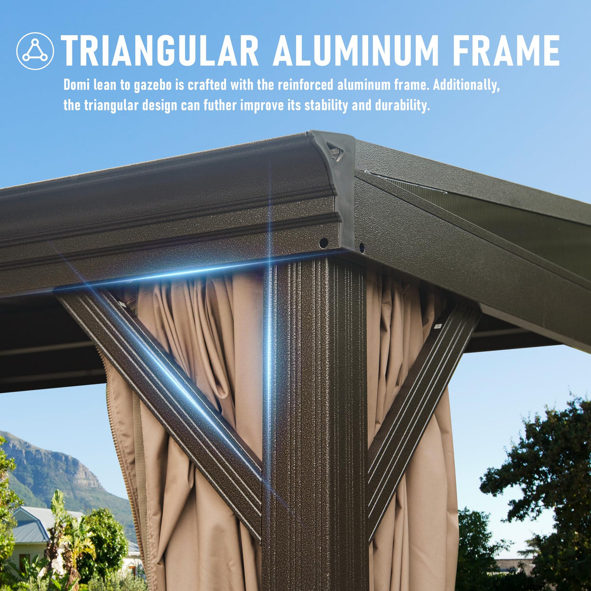 Domi 12x14FT Lean to Gazebo, Aluminum Wall Mounted Gazebo with Sloping Galvanized Steel Roof, Curtains and Netting, Outdoor Hardtop Gazebo Pergola for Patio, Deck, Garden, Backyard domi outdoor living