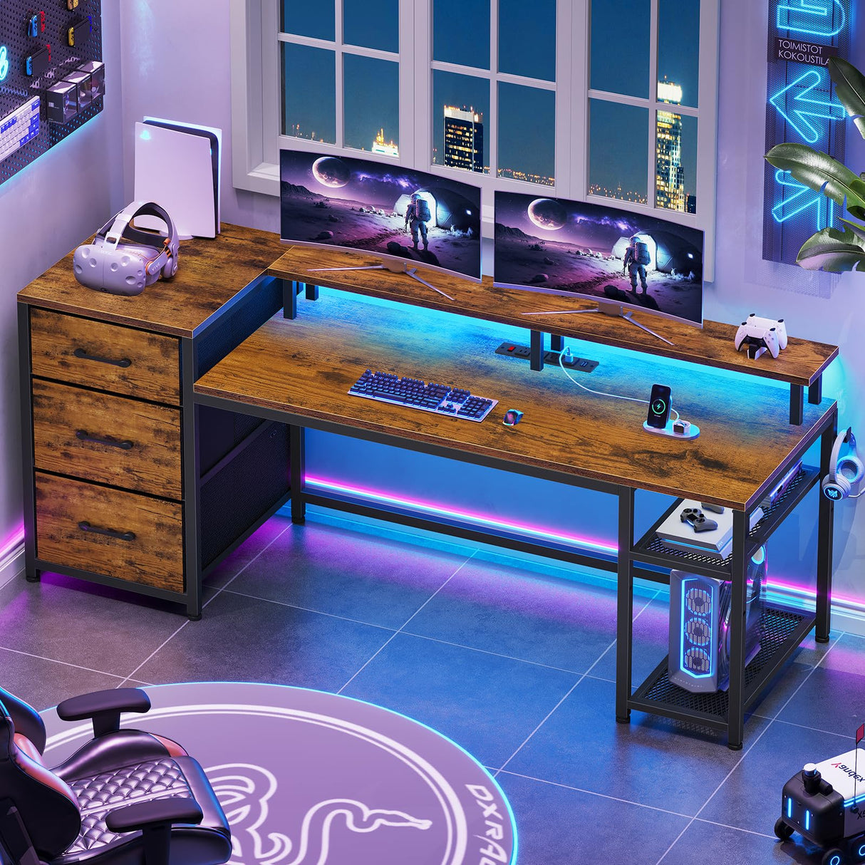 SEDETA 59" Office Desk with Drawers, Reversible Computer Desk with File Drawers & Storage, Gaming Desk with LED Lights & Power Outlet, Home Office Desks for Printer, Rustic Brown SEDETA