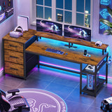 SEDETA 59" Office Desk with Drawers, Reversible Computer Desk with File Drawers & Storage, Gaming Desk with LED Lights & Power Outlet, Home Office Desks for Printer, Rustic Brown SEDETA