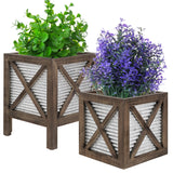 Autumn Alley Farmhouse Front Porch Planters Set of 2 Stand with Galvanized Corrugated Metal Planters for Outdoors/Indoors - Rustic Wood Square Planters Box on Legs – Charming Farmhouse Décor, Brown Autumn Alley