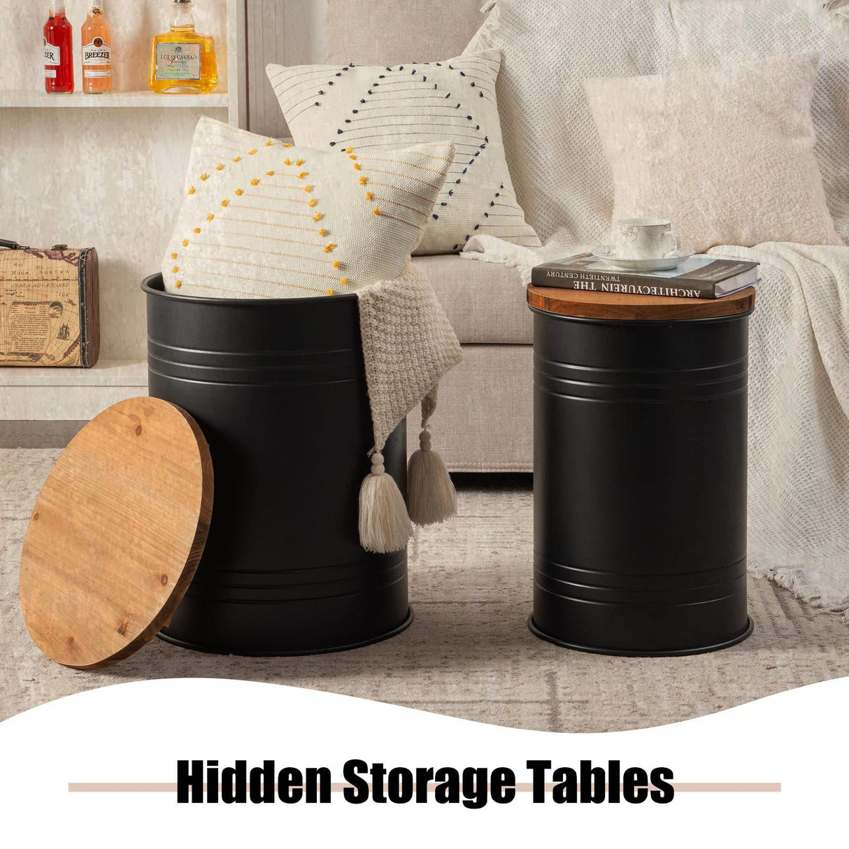 Poofzy Farmhouse End Tables Set of 2, Galvanized Metal Decor Side Table with Wood Lid, Coffee Table Storage Stool for Living Room (Black) Poofzy