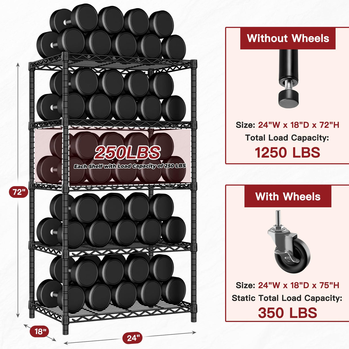 PrimeZone Wire Shelving Unit with Wheels, 5 Tier Adjustable NSF Certified Heavy Duty Metal Storage Shelves, Pantry Organizer Rack Rolling Kitchen Shelf for Closet Garage, 24" W x 18" D x 75" H, Black PrimeZone