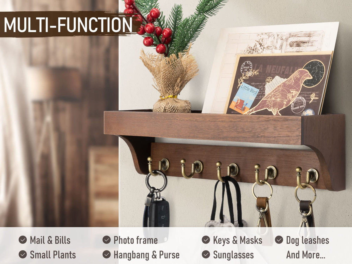 Rebee Vision Farmhouse Key Holder for Wall - Decorative Wooden Mail Organizer with 5 Rustic Key Hooks and Floating Shelf for Home Decor, Hallway, Entryway, Appartment (Retro Brown) Rebee Vision