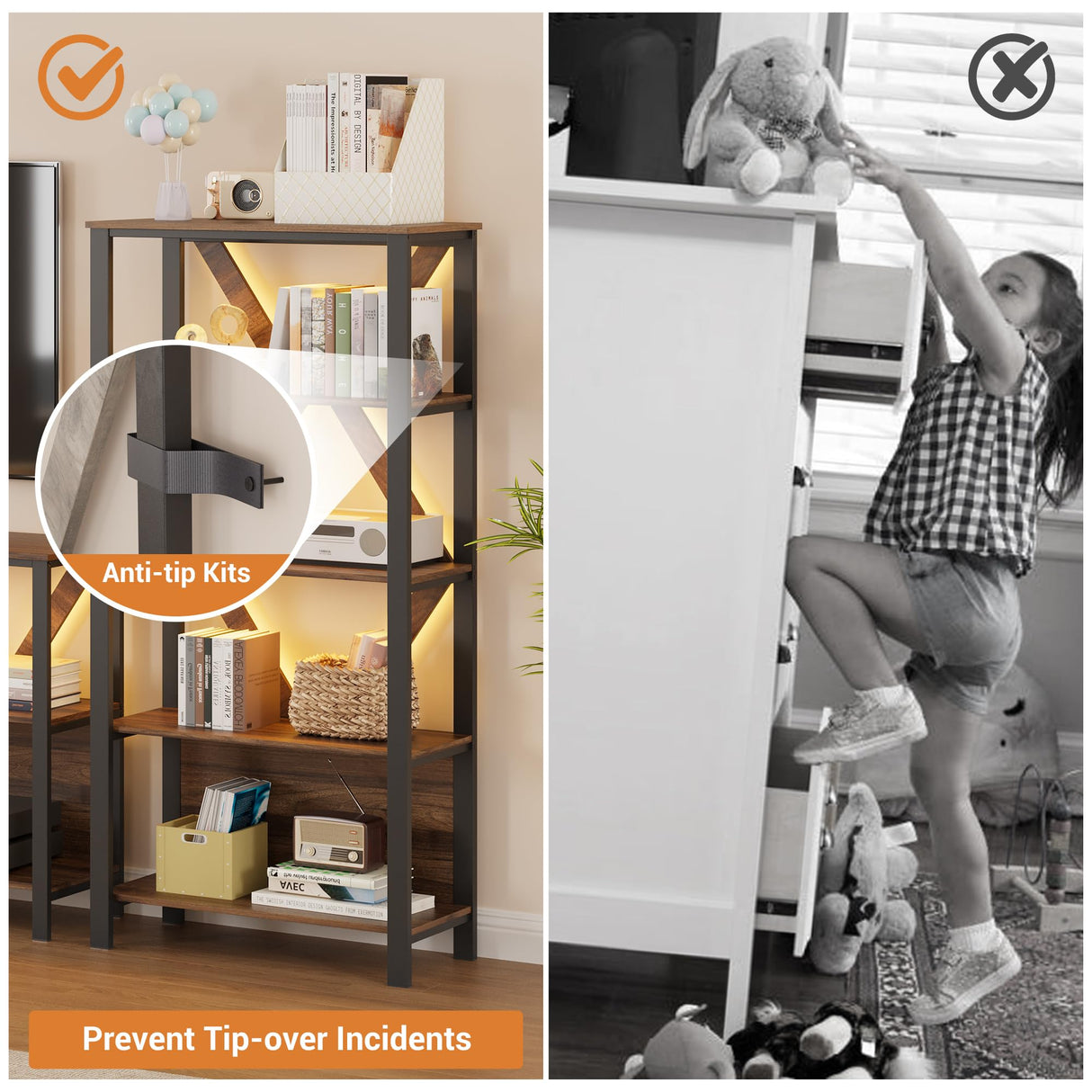 IDEALHOUSE 5 Tier Book Shelf with LED Lights, Brown Industrial Metal Display Book Case, Open Book Shelf Organizer, Tall Bookshelf, Heavy Duty Storage Bookcase for Bedroom Office Living Room IDEALHOUSE