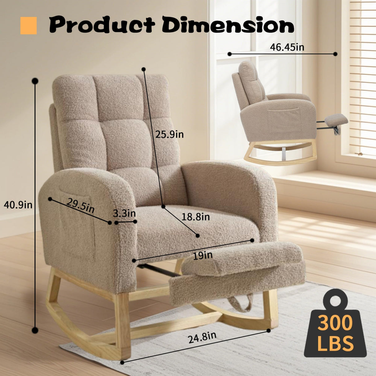 Hevaotry Nursery Rocking Chair with Adjustable Footrest for Living Room,Teddy Fabric Rocking Chair with Solid Wooden Legs，Comfortable Lounge Armchair with Side Pockets and High Backrest(Light Coffee) Hevaotry