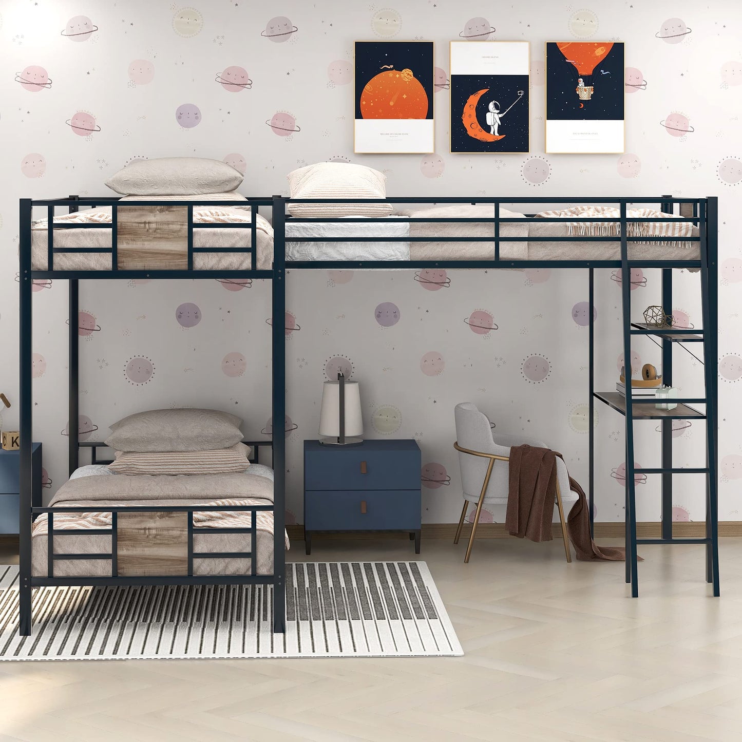 MERITLINE Triple Metal Bunk Beds,L-Shaped Metal Triple Bunk Bed with Desk and Shelf, Twin Over Twin Bunk Bed with A Twin Loft Bed Attached, 3 Bed Bunk Beds for Kids Teens, Brown