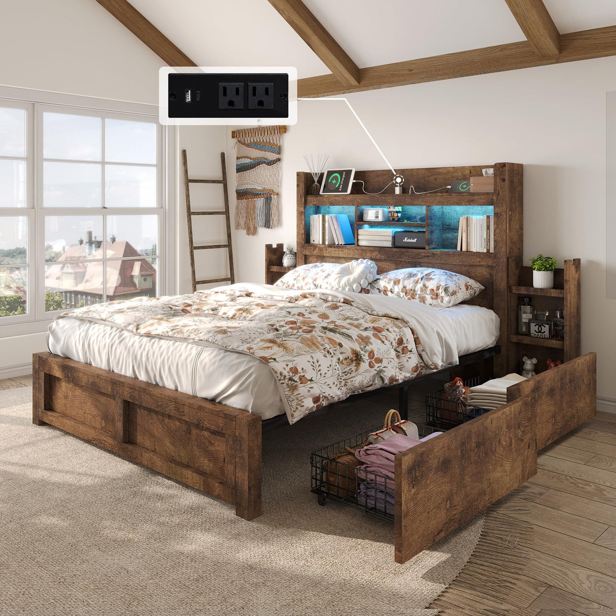 LUXOAK Queen Bed Frame with 49.6" Bookcase Headboard & 2 Detachable Bedside Stoage Racks & 4 Drawers, Farmhouse Wood Bed Frame with RGB LED & Charging Station, No Box Spring Needed, Rustic Brown LUXOAK