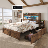 LUXOAK Queen Bed Frame with 49.6" Bookcase Headboard & 2 Detachable Bedside Stoage Racks & 4 Drawers, Farmhouse Wood Bed Frame with RGB LED & Charging Station, No Box Spring Needed, Rustic Brown LUXOAK