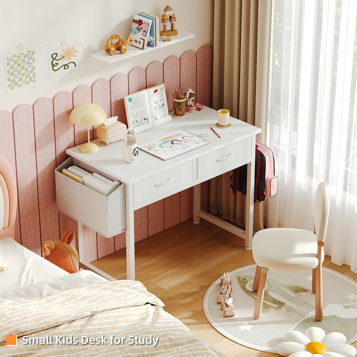 CAIYUN Small Desk with Fabric Drawers, 32 Inch White Vanity Desk for Bedroom, Home Office Computer Desk for Small Space, Modern Work Laptop Study Table, Kids Writing Desk with Storage Bag & Hook CAIYUN