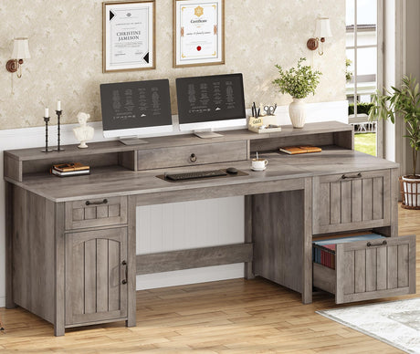 SEDETA Farmhouse 63" Executive Desk, Wood Computer Desk with Drawers and Storage Cabinet, Home Office Desk with File Drawer and Monitor Stand, Wood Desk for Work Study Writing, Grey SEDETA