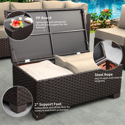 Rattaner 5-Piece Outdoor Furniture Set Patio Furniture Set Outdoor Couch Coffee Table with Storage No-Slip Cushions and Waterproof Covers, Khaki - WoodArtSupply