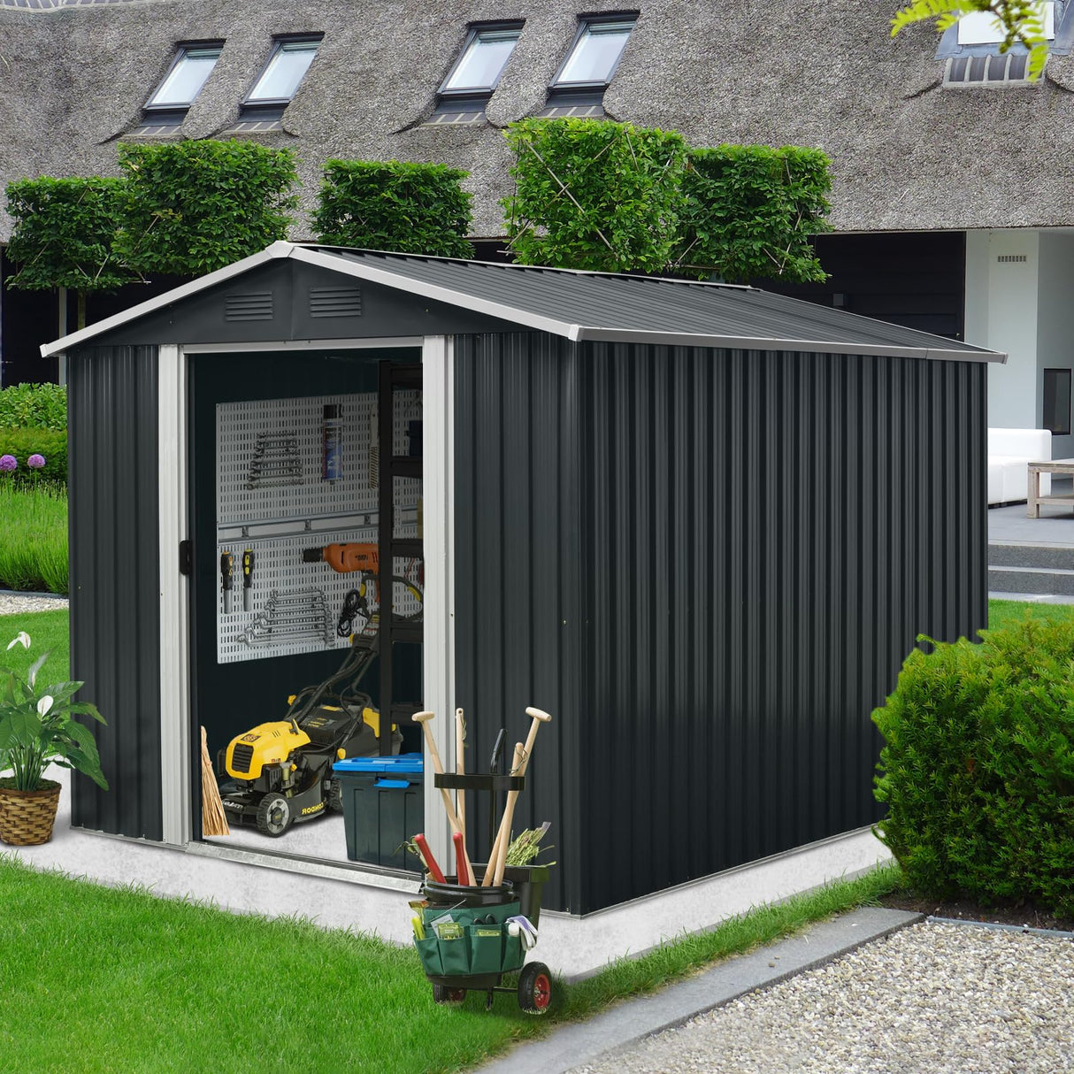 Ball & Cast 8x10 Outdoor Metal Storage Shed with Floor Base and Vents,Galvanized Tool Cabinet w/Sliding Doors & Padlock,Waterproof House Shelter for Backyard Lawn Patio,Garden,Black Ball & Cast
