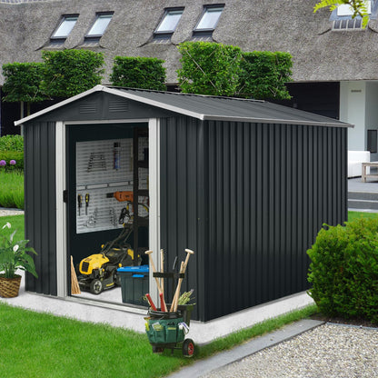 YOPTO 8x10 FT Outdoor Metal Shed,Tool Storage Cabine with Floor Base and Vents,Sliding Doors & Padlock,Waterproof Oversized House Shelter for Backyard Lawn Patio,Garden,Black