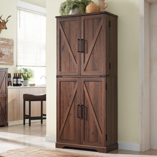 ACCOHOHO 72" Tall Kitchen Pantry, Farmhouse Storage Cabinet with Barn Doors, Organizer, Drawer and Adjustable Shelves, Rustic Wood Cupboard for Kitchen, Dining Room, Bathroom, Brown