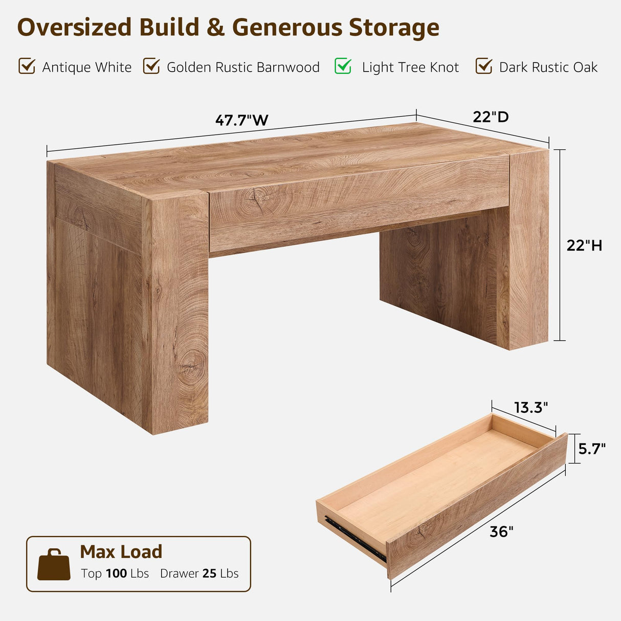 OKD 48" Modern Farmhouse Coffee Table, Wooden Living Room Table with Hidden Storage Drawer, Rustic Rectangular Center Tables w/Wood Thick Design for Living Room, Office, Light Knotty Wood OKD