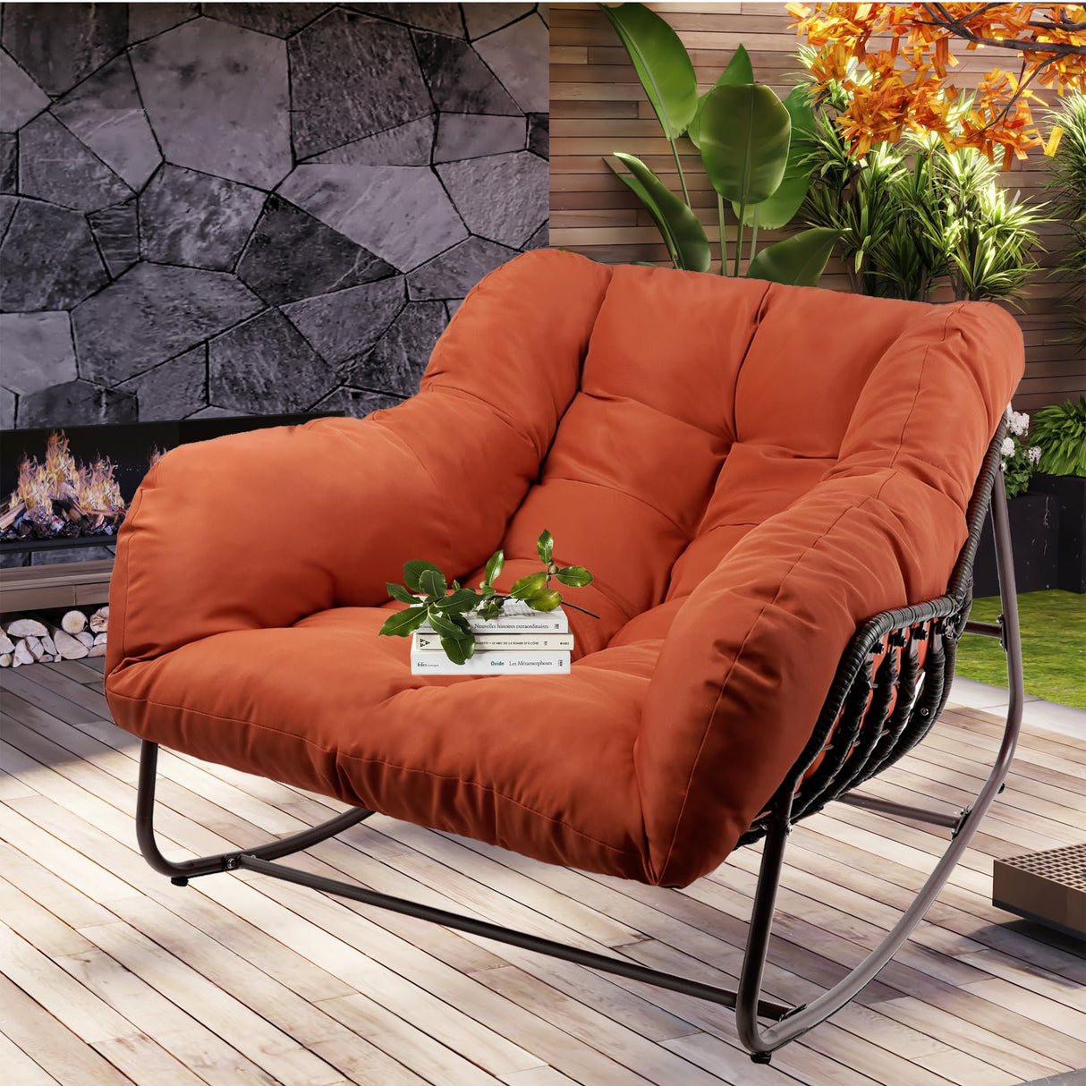 TXGDPIONEER Outdoor Papasan Rocking Chair, Oversized Patio Rocking Chairs with Padded Cushion& Pillow-Comfortable Rocker Egg Chair for Front Porch, Garden, Patio, Backyard,1PC,Red TXGDPIONEER