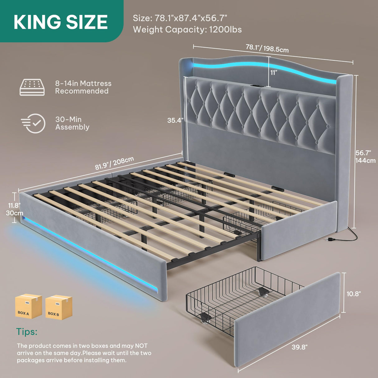 YITAHOME King Size Bed Frame with 4 Storage Drawers and RGB LED Lights, 57'' Tall Headboard Velvet Upholstered Bed with Charging Station, No Box Spring Needed, Easy Assembly, Noise-Free, Grey YITAHOME