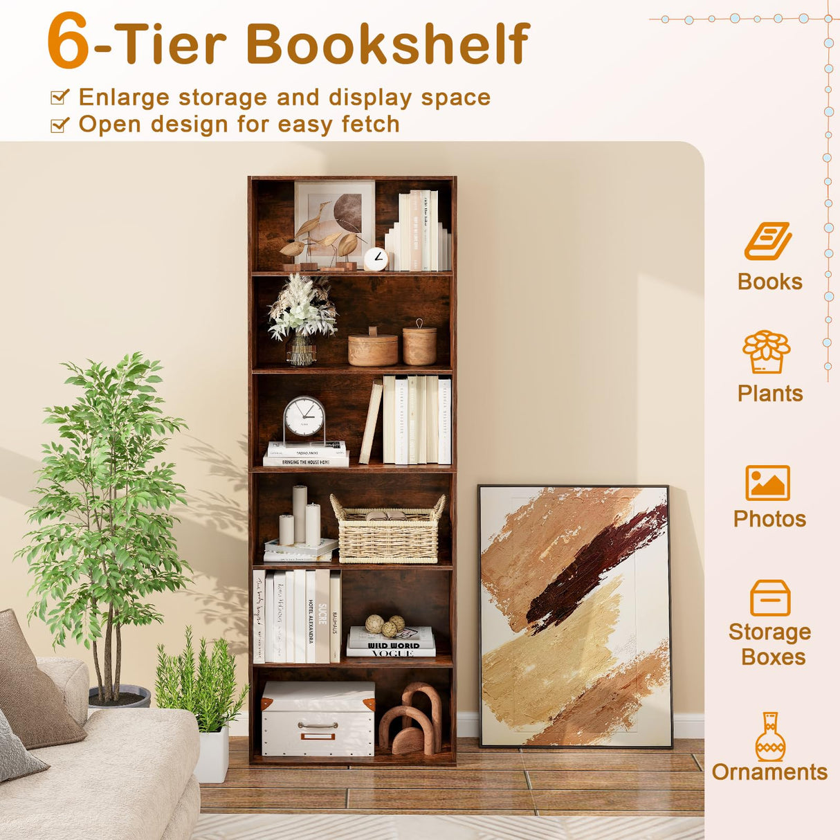 Tangkula 6-Tier Bookcase, 70” Tall Freestanding Bookshelf with 6 Open Shelves, Anti-Toppling Kits, Floor Display Storage Organizer for Living Room, Study, Kitchen, Home & Office (Rustic Brown, 70" H) Tangkula