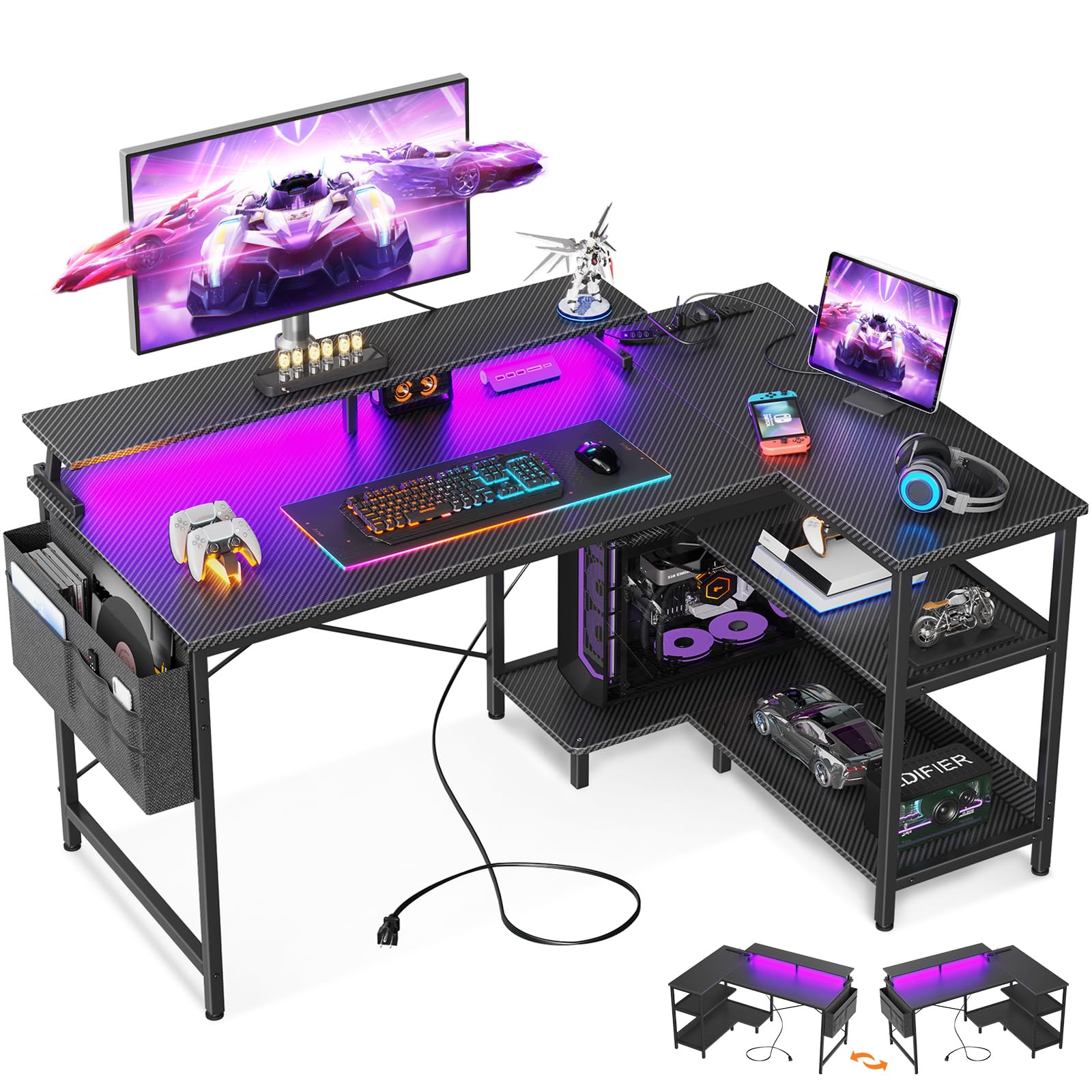 ODK 48 Inch Reversible L-Shaped Gaming Desk with USB Ports, LED Lights & Storage Solutions - WoodArtSupply