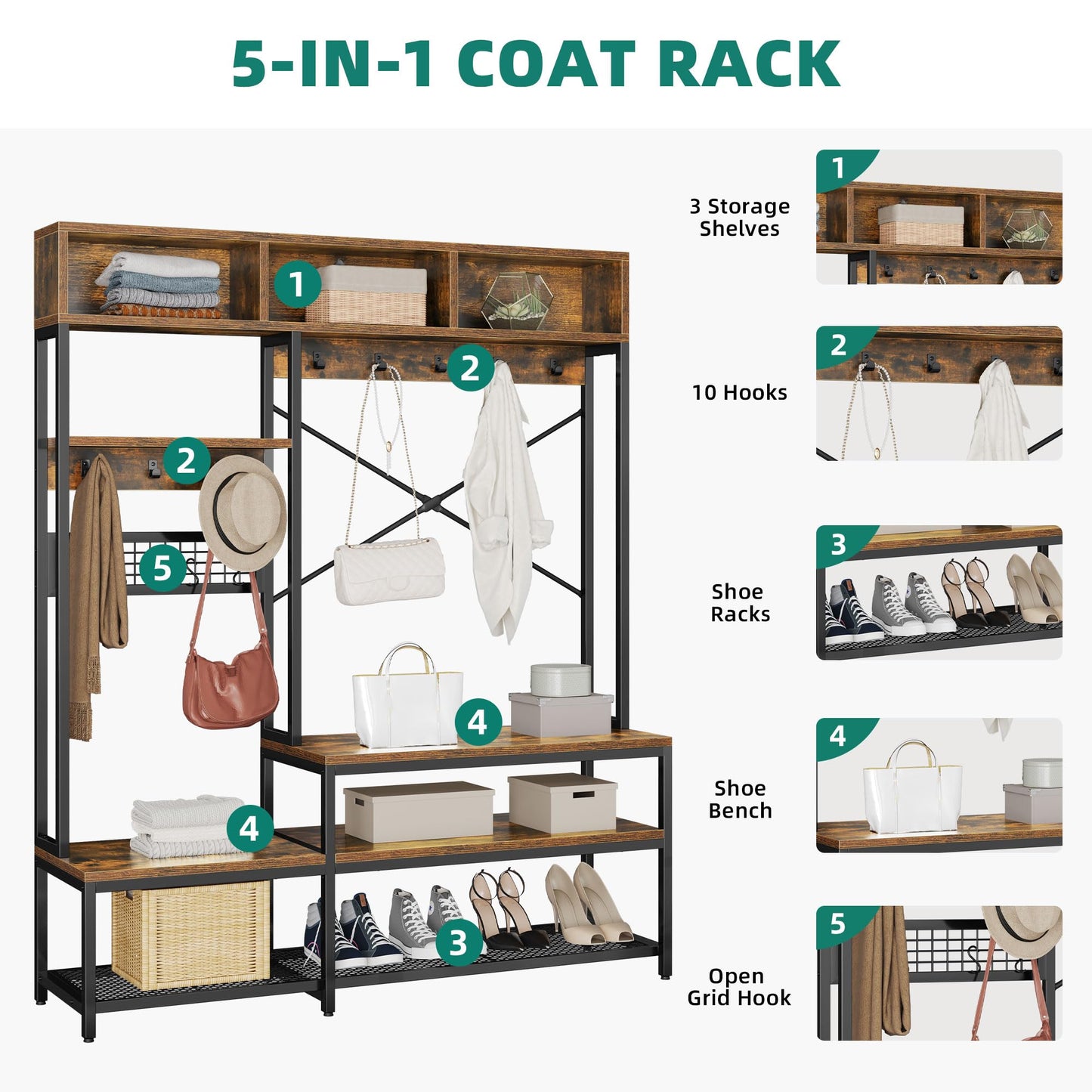 YITAHOME Entryway Hall Tree with Bench and Shoe Storage 55", 5-in-1 Farmhouse Freestanding Coat Rack Shoe Bench for Entrance, Living Room, Bedroom, Rustic Brown