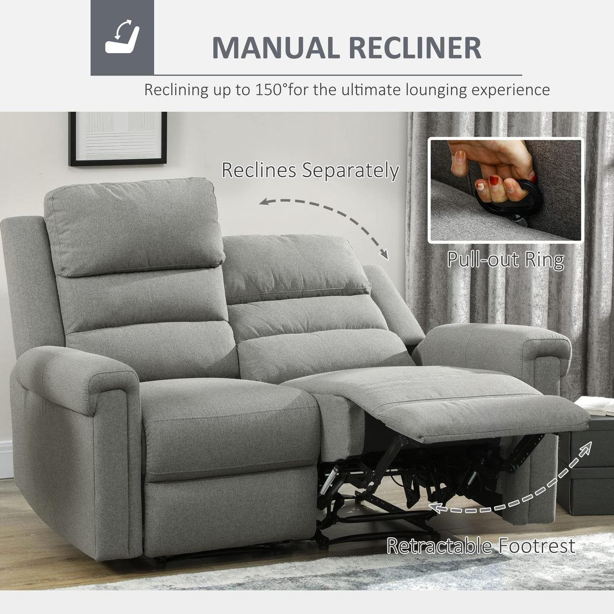 HOMCOM 2 Seater Recliner Sofa with Manual Pull Tab, Fabric Reclining Sofa, RV Couch, Home Seating, Gray HOMCOM