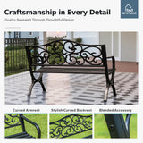 MFSTUDIO 50 Inches Outdoor Garden Bench, Cast Iron Metal Frame Patio Park Bench with Floral Pattern Backrest, Arch Legs for Porch Lawn Garden Yard(Black) MFSTUDIO