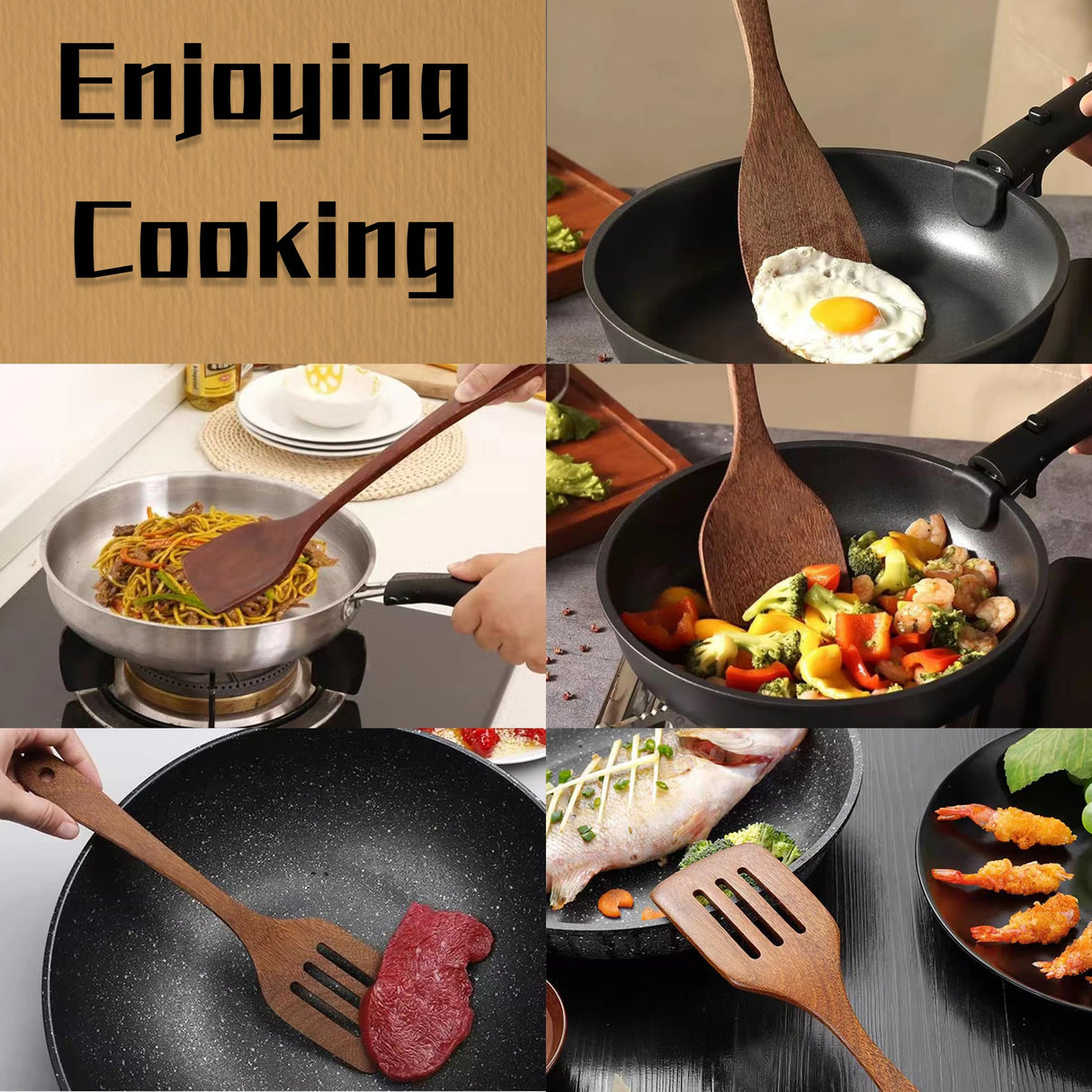 Wood Spatula Set for Cooking, 3Pcs Kitchen Utensils Set for Nonstick Cookware Wooden Cooking Utensils with Fried Spatula, Slotted Spatula, Solid Turner Cooking Utensils Kitchen Tools Nuloofen