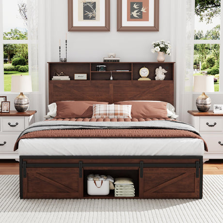 Ufurpie Queen Size Bed Frame with 5-Tier Bookcase Headboard & Storage Footboard, USB Charging Station & LED Lights, Sturdy 1200 lbs Steel Support, No Box Spring Needed,Brown Ufurpie